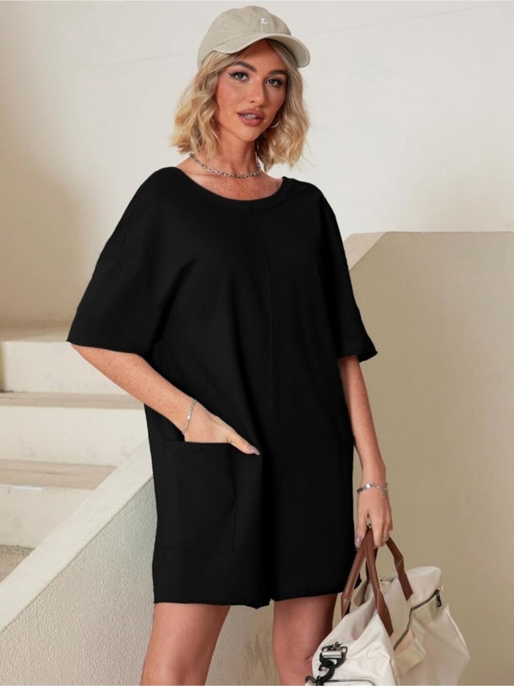 Women's Black Summer Casual Onesie Backless Loose Short Oversized Tee Romper - Picture 4 of 5